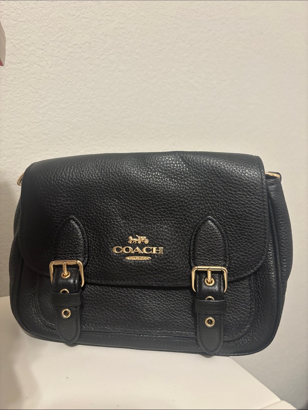 Coach Black Pebbled Leather Crossbody Satchel with Gold Hardware